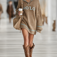 Women's Loose Letter Jacquard Zipper Lapel Mini Knit Dress MDA1869I5Y