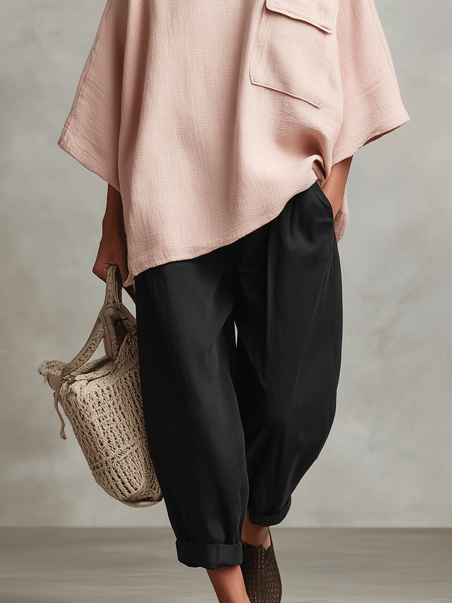 Women's Black Textured Tapered Trousers with Relaxed Fit & Side Pockets, Modern Minimalist-Chic Style Pants MDA2216I6I