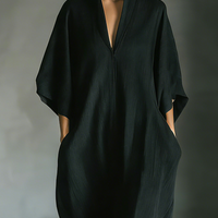 Women's Black Cotton Blend Fabric Oversized Kimono-Sleeve Maxi Dress With Pockets MDZ0577A3T