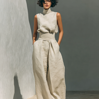Women's Minimalist Cotton And Linen Blend Sleeveless Blouse And Wide-leg Pants Set MDZ0873A5Y