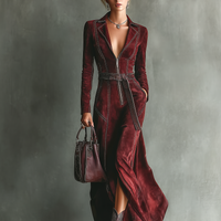 Women's Burgundy Retro Faux Suede Color-Contrast Maxi Dress MDA1321J3T