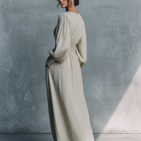 Women's Beige Cotton Linen Striped V-Neck Shirred Waist Maxi Dress MDZ0361C4BA