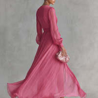Women's Elegant Rose Pink Pearl Chiffon V-neck Tie-waist Long Dress MDZ1925A7BA