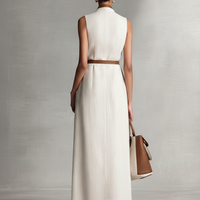 Women's Sleeveless V-Neck Tie-Waist Cotton Linen Maxi Dress MDZ1153B7BA