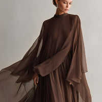 Women's Rich Brown Chiffon Dress With Flowy Maxi Silhouette & Cape-like Design, Modern Elegant-Glam Style Dress MDA1967L4I