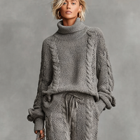 Women's Casual Cable Knit Turtleneck Sweater Cargo Pants Set MDA0958I2Y