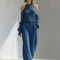 Women's Blue Elegant Ribbed Knit Cold - Shoulder Sweater And Wide - Leg Pants Set MDA1591I8I
