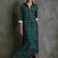 Women's Plaid Print Long-sleeved Shirt Maxi Dress MDA0514L8Y