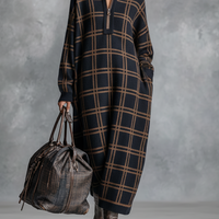 Women's Loose Plaid Zipper Neck Knitted Maxi Dress MDA1505J9Y