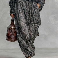Women's Vintage Paisley Print Stand-up Collar Long Sleeve Shirt Trousers Two-piece Set MDA2558G3Y