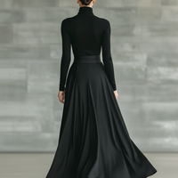 Women's Black High-Neck High-Stretch Knitted And Satin Flared Maxi Dress MDA2851J4T