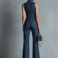 Women's Retro Style Dark Blue Denim Sleeveless High-Neck Flared Jumpsuit With Front Zipper MDZ1239B2BA
