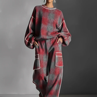Women's Red And Gray Plaid Brushed Distressed Street Style Color-Blocked Piping Pantsuit Set MDA1065K4I