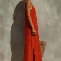 Women's Red Cotton Dress With Spaghetti Straps & Square Neck, Timeless Boho-Resort Style Dress MDZ0924C3I