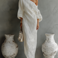 Women's Ivory White Cotton-Linen Blend One-Shoulder Flowing Elegant Dress MDA3032K4T