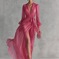 Women's Elegant Rose Pink Pearl Chiffon V-neck Tie-waist Long Dress MDZ1925A7BA