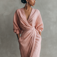 Women's  Pink Minimalist V-neck Linen Blend Maxi Dress MDA1655L0Y