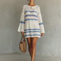 Women's Vacation Style Openwork Knit Striped Mini Dress MDA1806L6Y