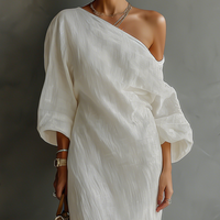Women's Ivory White Cotton-Linen Blend One-Shoulder Flowing Elegant Dress MDA3032K4T