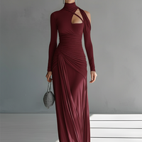 Women's Grey Silky Stretch Sophisticated Ruched Detail Cut-Out Maxi Dress MDA0546K6I