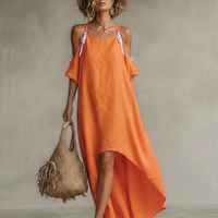 Women's Tangerine Linen Dress With Cold Shoulder & High-Low Hem, Timeless Boho-Resort Style Dress MDZ0337C4I