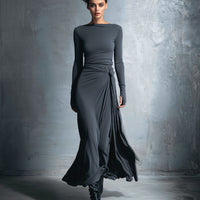 Women's Gray Exquisite Stretch Blended Fabric Wrap Dress - Knotted Maxi Dress MDA1401H9I
