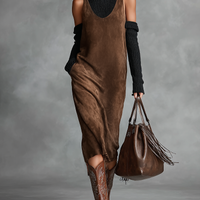 Women's Retro Simple Suede U-Neck Sleeveless Tank Midi Dress MDA0259I1Y