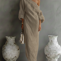 Women's Ivory White Cotton-Linen Blend One-Shoulder Flowing Elegant Dress MDA3032K4T