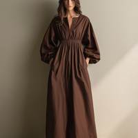 Women's Casual Brown Cotton And Linen V-neck Long-sleeved Maxi Dress With Elastic Waist MDZ1295A0AN