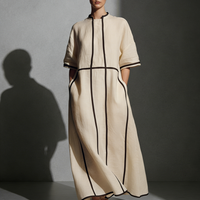 Women's Modern Linen Blend Beige Stand-Collar Half-Sleeve Contrast-Line Pocketed Maxi Dress  MDA2924L4AU