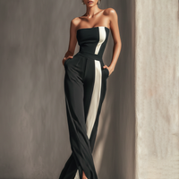 Women's Black Strapless Jumpsuit With Contrast White Vertical Stripe & Side Pockets MDZ0336C7T