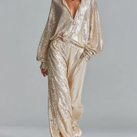 Women's Champagne Sequin Wide-Leg Pants With Elastic Waist & Side Pockets, Timeless Party-Glam Style Pants MDZ1641D4LYL