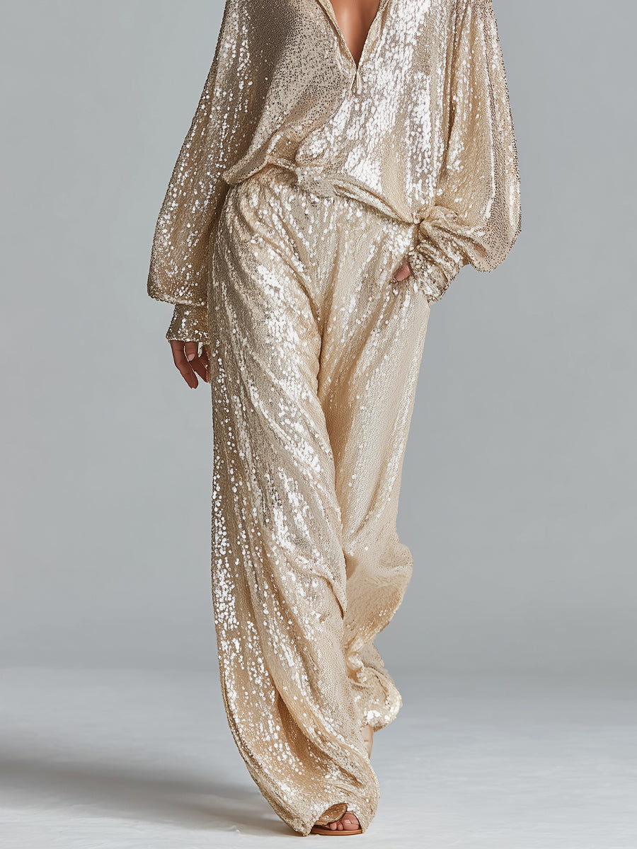 Women's Champagne Sequin Blouse With Oversized Balloon Sleeves & Half-Button Placket, Timeless Party-Glam Style Top MDZ1606D1LYL