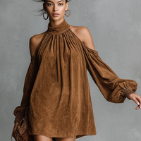 Women's Loose-fitting Faux Suede Halter Neck Semi-high Collar Lantern Sleeve Mini Dress MDA3118J4Y