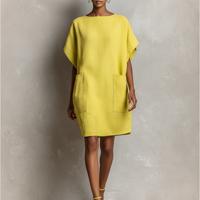 Women’s Lime Yellow Linen-Blend Batwing Sleeve Patch Pocket Shift Dress MDZ2671C3T