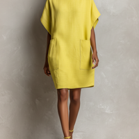 Women’s Lime Yellow Linen-Blend Batwing Sleeve Patch Pocket Shift Dress MDZ2671C3T