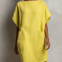 Women’s Lime Yellow Linen-Blend Batwing Sleeve Patch Pocket Shift Dress MDZ2671C3T