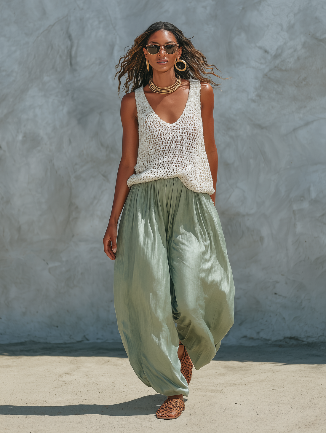 Women's Minimalist Mesh-Knit Tank Top And Faux-Acetate Balloon Pants Set MDZ2710C0Y