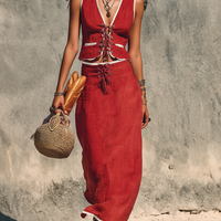 Women's Minimalist Linen-Blend White-Trimmed Lace-Up Vest & Maxi Skirt Set MDZ2743C6Y