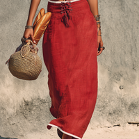 Women's Minimalist Linen-Blend White-Trimmed Lace-Up Vest & Maxi Skirt Set MDZ2743C6Y