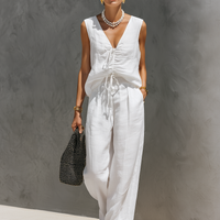 Women's Casual White Cotton-Linen V-Neck Sleeveless Top And Trousers Set (Lined) MDZ2866C9AN