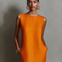 Women's Orange Linen Shift Dress With Sleeveless Round Neck & Side Pockets, Timeless Minimalist-Elegant Style Dress MDZ2851C7I