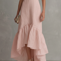 Women's Elegant Pink Cotton-Linen Halter Maxi Dress With Front Cutout And Ruffles MDZ3066C3GMJ