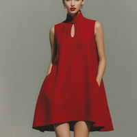Women's Red Lightweight Linen Dress With Keyhole Neck & Flared Hem, Contemporary Effortless-Casual Style Dress MDZ0203D4I