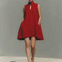 Women's Red Lightweight Linen Dress With Keyhole Neck & Flared Hem, Contemporary Effortless-Casual Style Dress MDZ0203D4I