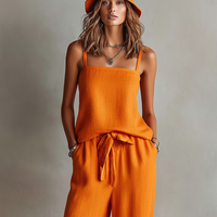 Women's Orange Linen Two-Piece Set With Square Neck Cami Top & Tie-Waist Wide-Leg Pants, Timeless Boho-Resort Style Set MDZ0825D5I