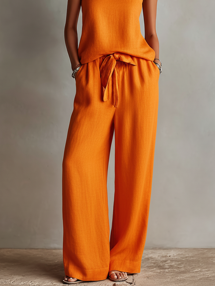 Women's Orange Linen Two-Piece Set With Square Neck Cami Top & Tie-Waist Wide-Leg Pants, Timeless Boho-Resort Style Set MDZ0825D5I