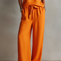 Women's Orange Linen Two-Piece Set With Square Neck Cami Top & Tie-Waist Wide-Leg Pants, Timeless Boho-Resort Style Set MDZ0825D5I
