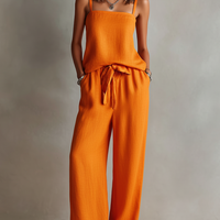 Women's Orange Linen Two-Piece Set With Square Neck Cami Top & Tie-Waist Wide-Leg Pants, Timeless Boho-Resort Style Set MDZ0825D5I