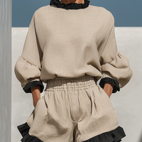 Women’s Beige Linen-Blend Contrast Ruffle Trim Long Sleeve Blouse & High-Waisted Ruffle Hem Shorts Two-Piece Set MDZ1018D0T